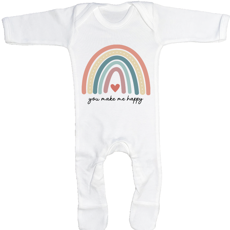 "You Make Me Happy" rainbow print baby sleepsuit