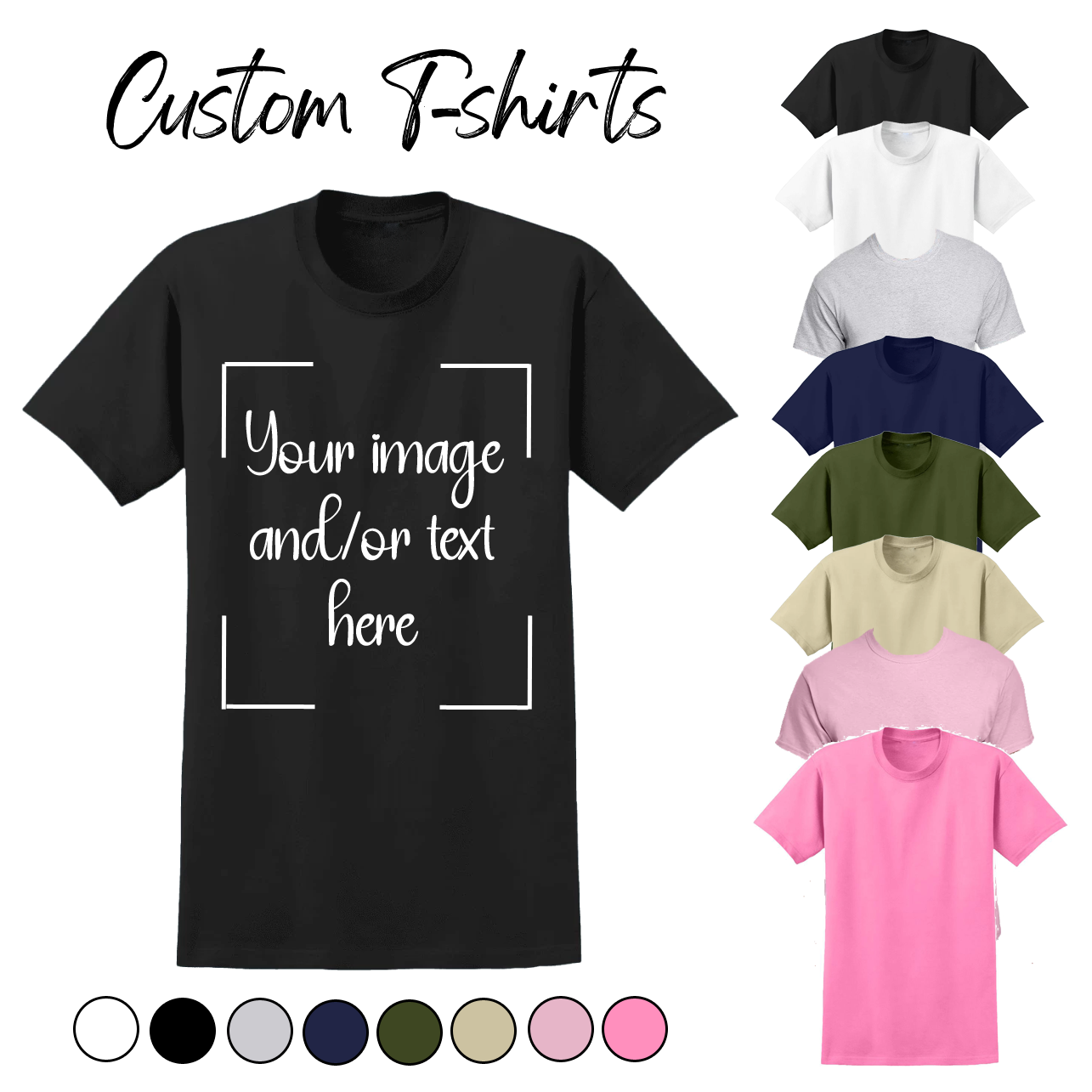 Custom t-shirts example and colour swatches