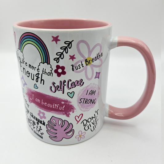 Right Side Facing Cup of Positivity Mug Pink Handle and Inner