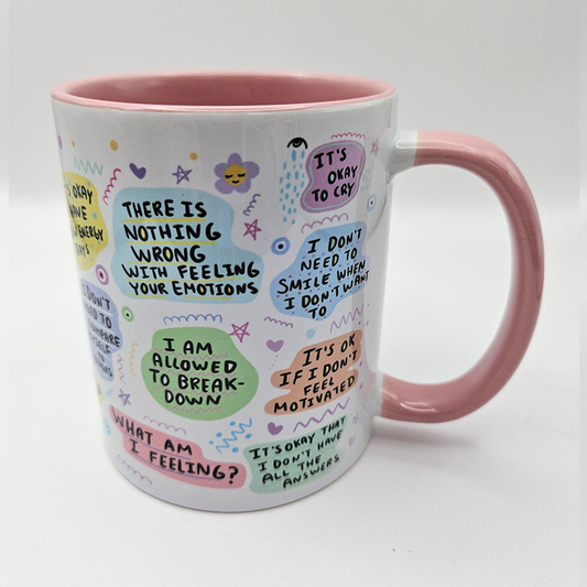 Right Side Facing Mental Breakdown Affirmations Mug Pink Handle and Inner