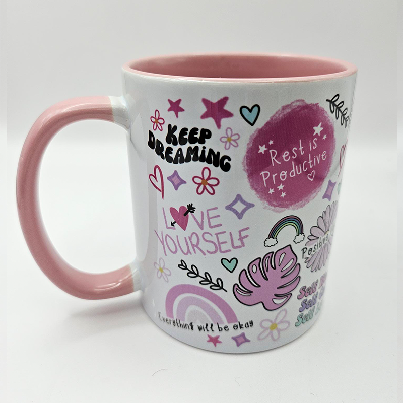 Left Side Facing Cup of Positivity Mug Pink Handle and Inner