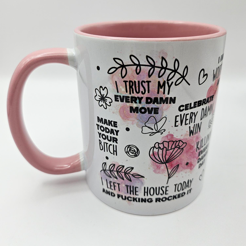 Left Side Facing Sweary Affirmations Mug Pink Handle and Inner