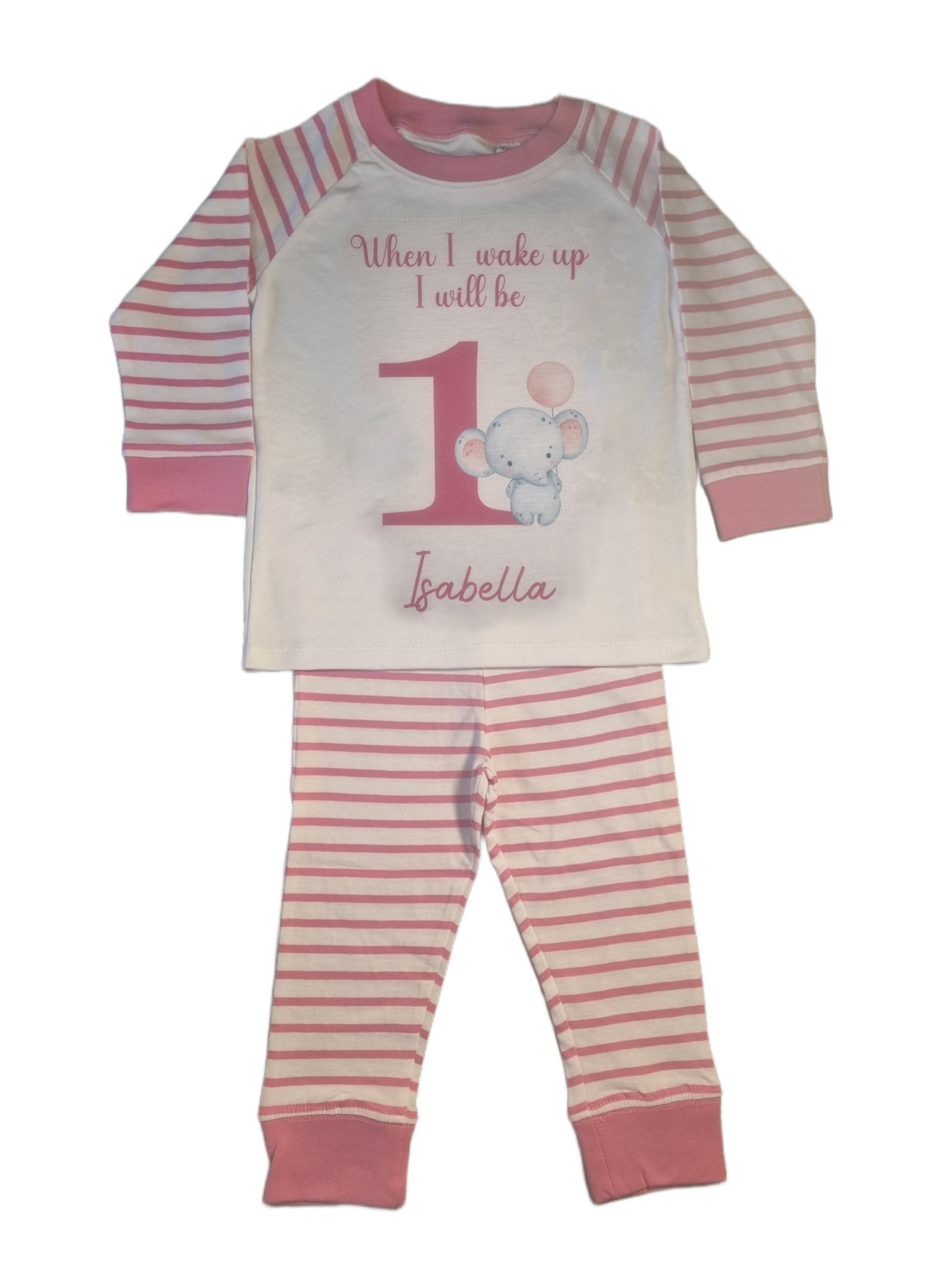 'When I wake up I will be' 1 pink and white stripe pyjamas with elephant holding pink balloon, includes child's name, flat top and bottoms