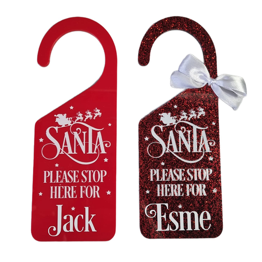 Solid Red and Glitter Red Santa Stop Here Personalised Door Hangers