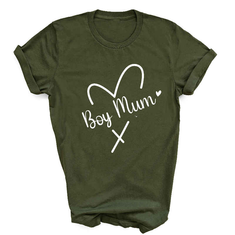 Boy Mum White Text on Military Green T-Shirt