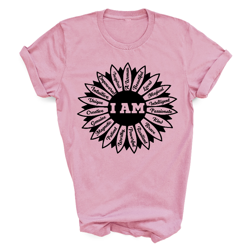 I Am A Woman Flower Design Featuring 18 Motivational Words Light Pink T-Shirt